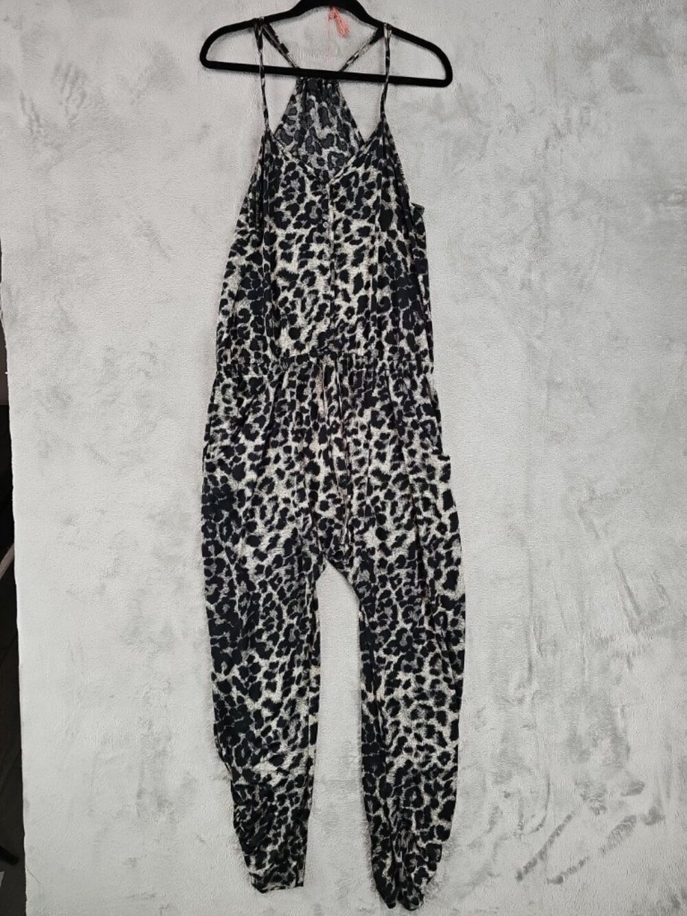 Topshop Jumpsuit Womens 12 Black Leopard Print Sleeveless V Neck Elastic Waist